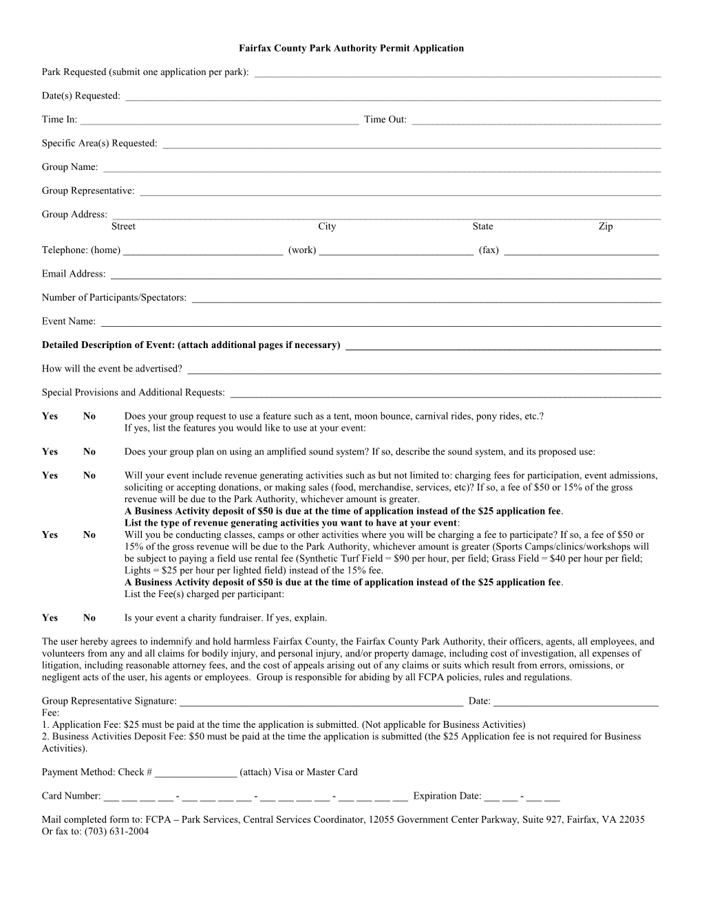 Fairfax County Park Authority Permit Application