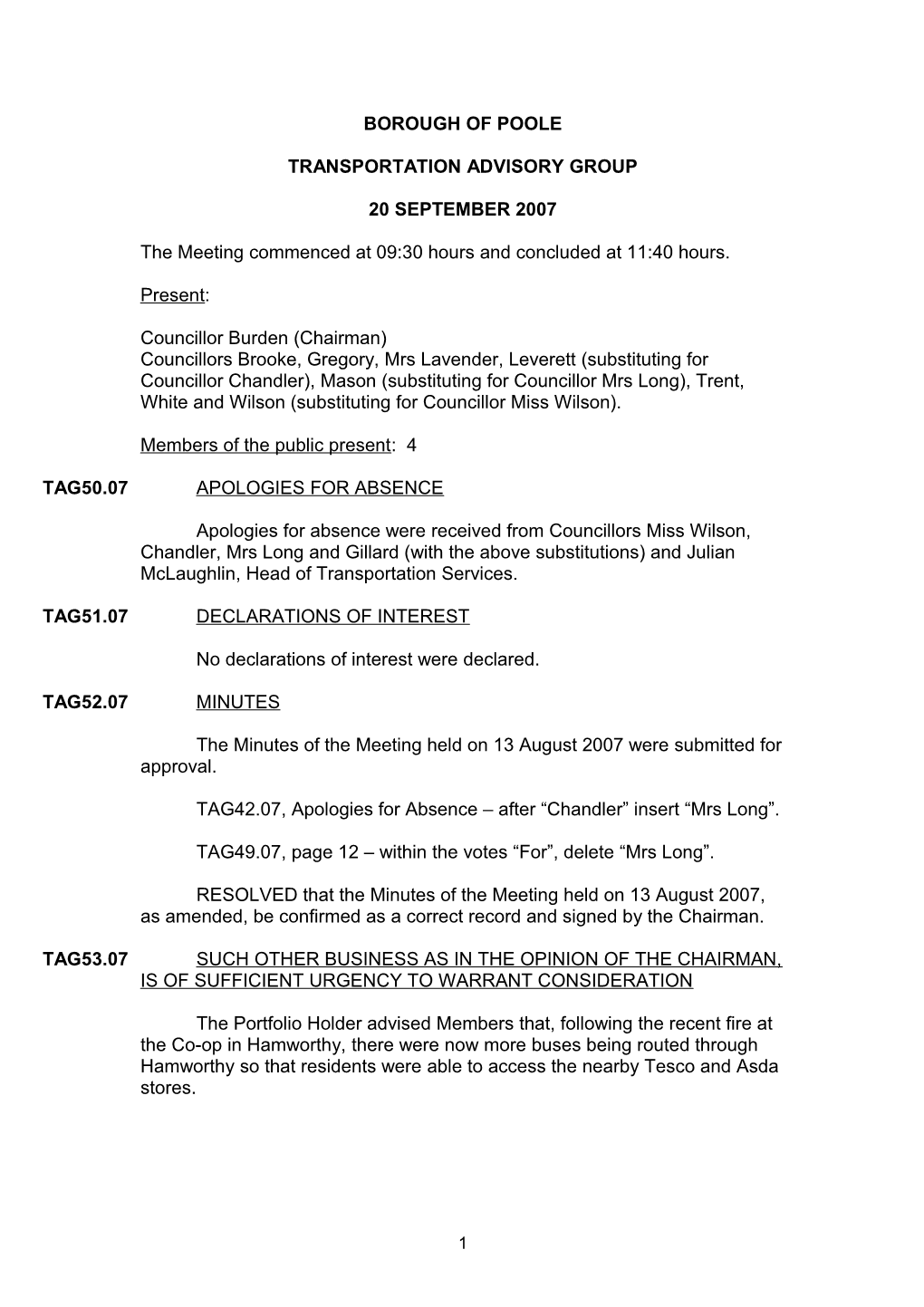 Minutes - Transportation Advisory Group - 20 September 2007