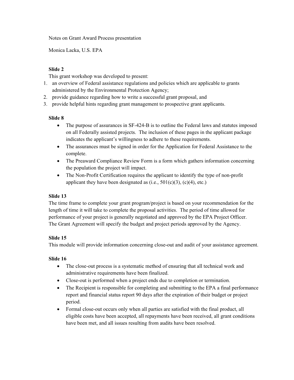 Notes on Grant Award Process Presentation