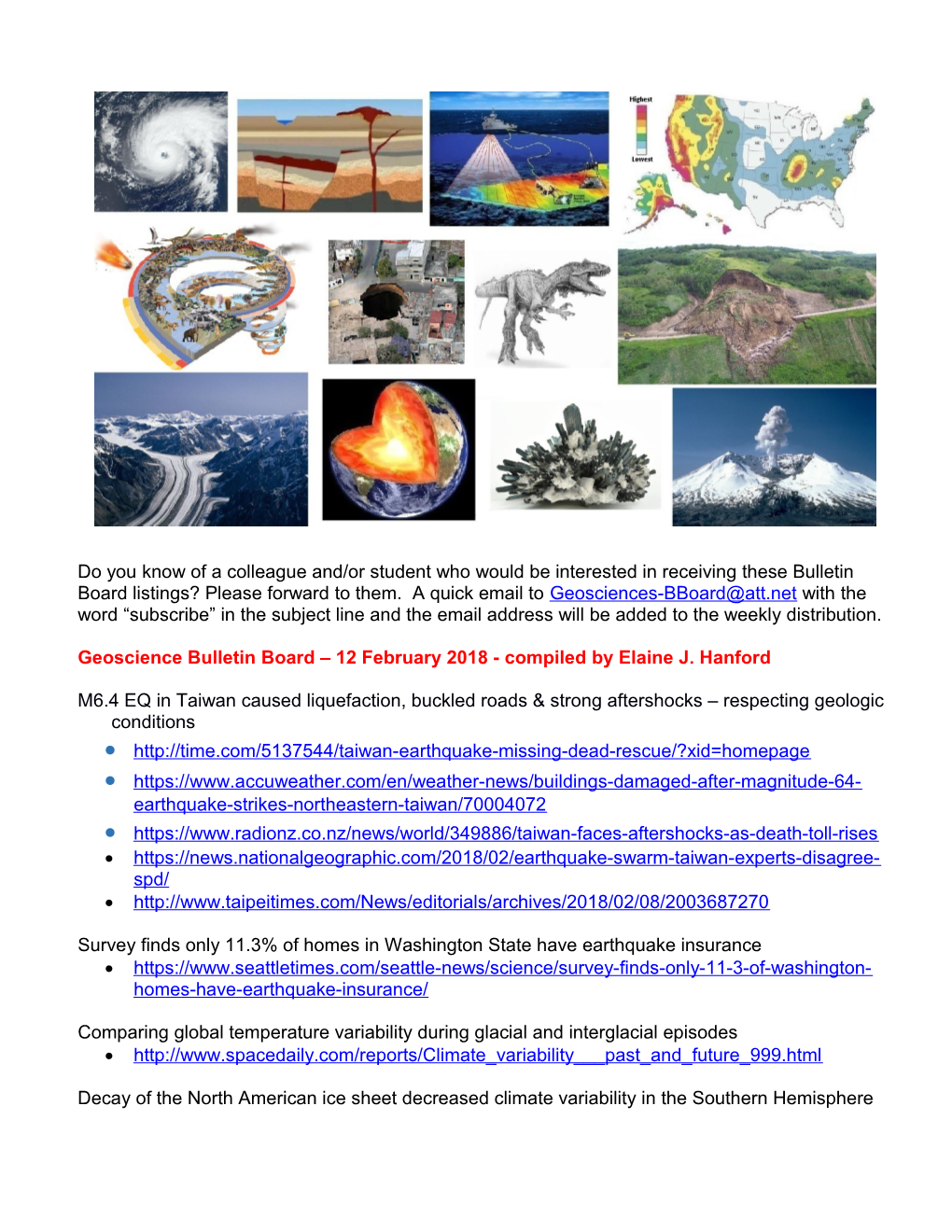 Geoscience Bulletin Board 12 February 2018- Compiled by Elaine J. Hanford