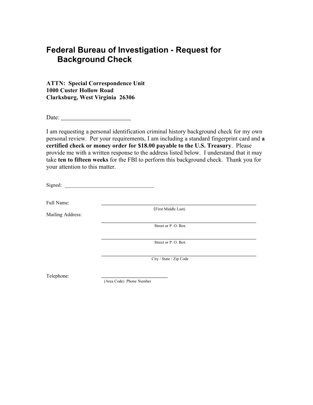 Federal Bureau of Investigation - Request for Background Check