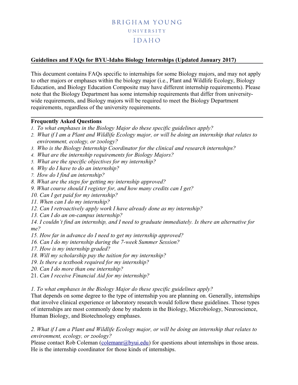 Guidelines and Faqs for BYU-Idaho Biology Internships (Updated January 2017)