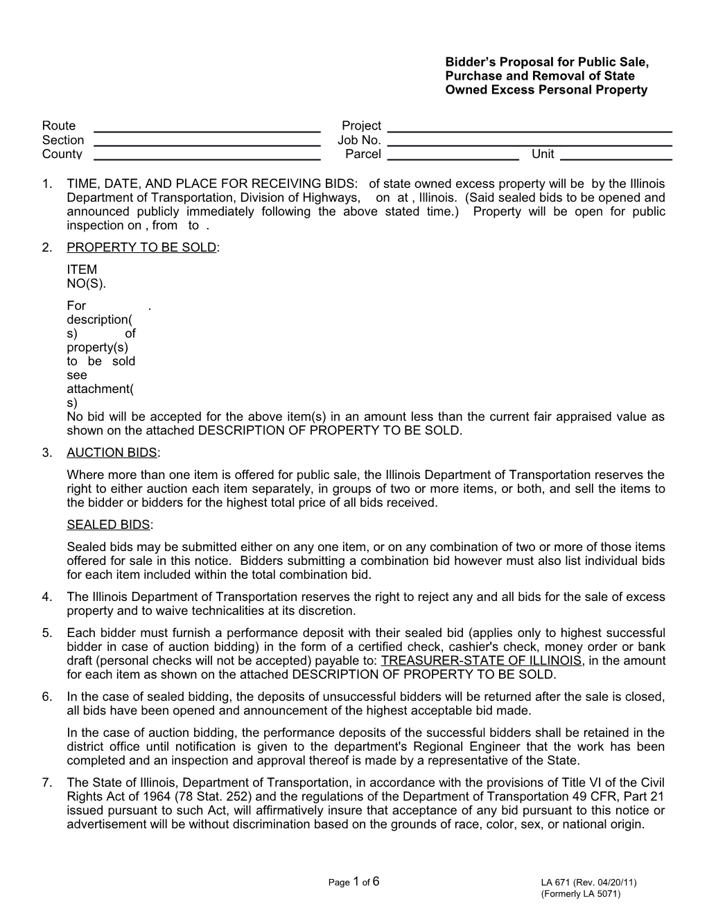 Bidders Proposal for Public Sale, Purchase and Removal of State Owned Excess Personal Property