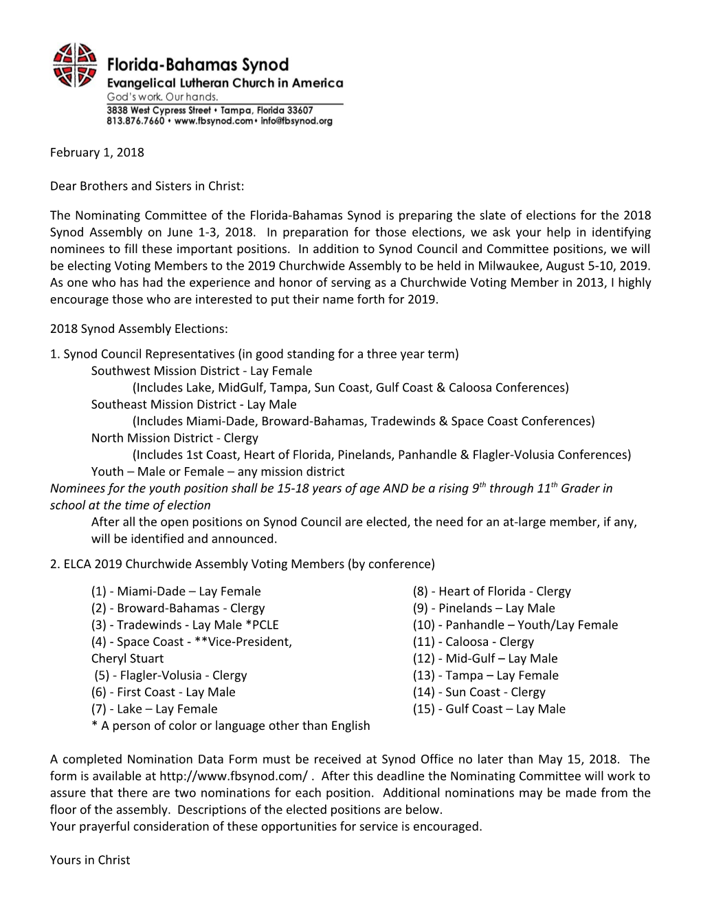 Nominating Letter to Congregations 2011