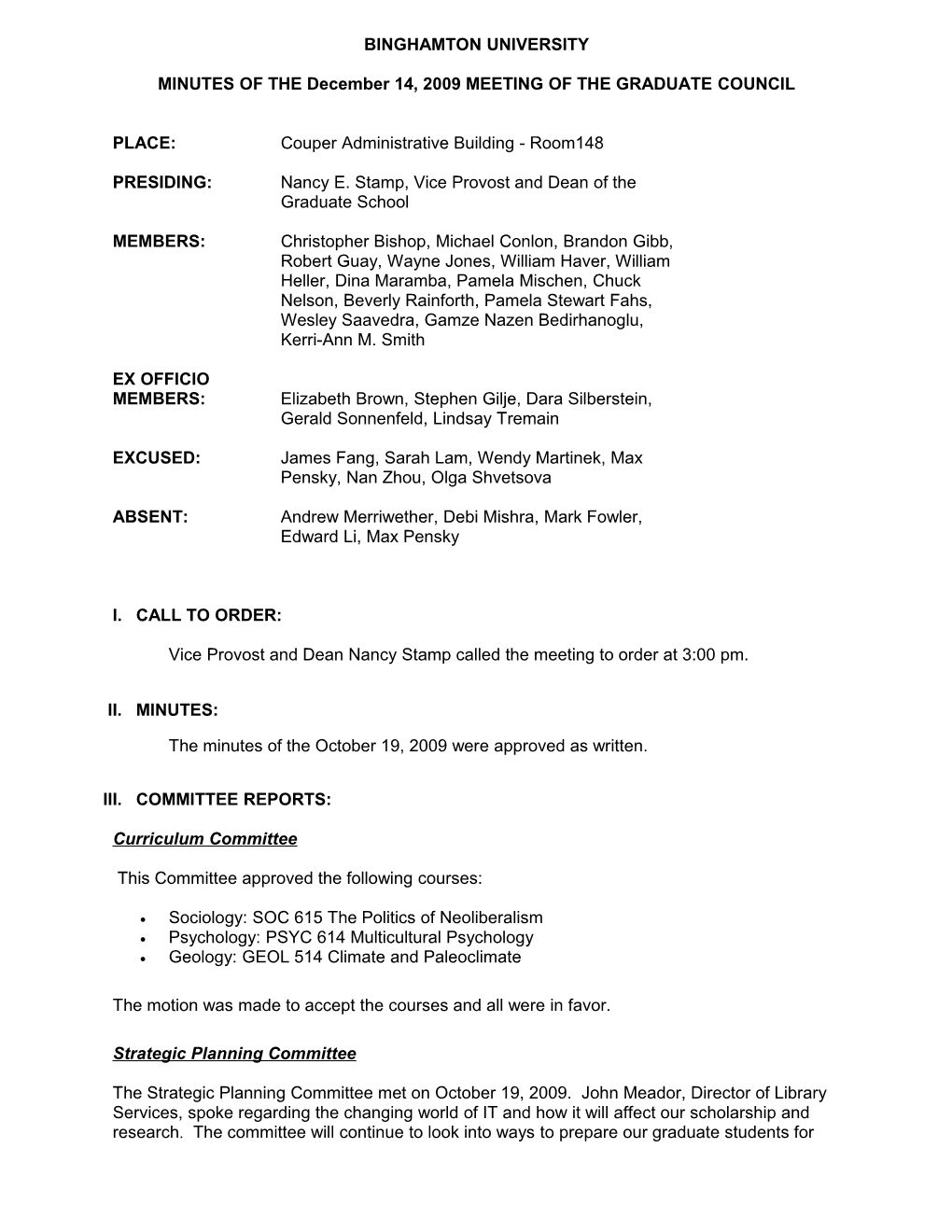 MINUTES of the December 14, 2009MEETING of the GRADUATE COUNCIL