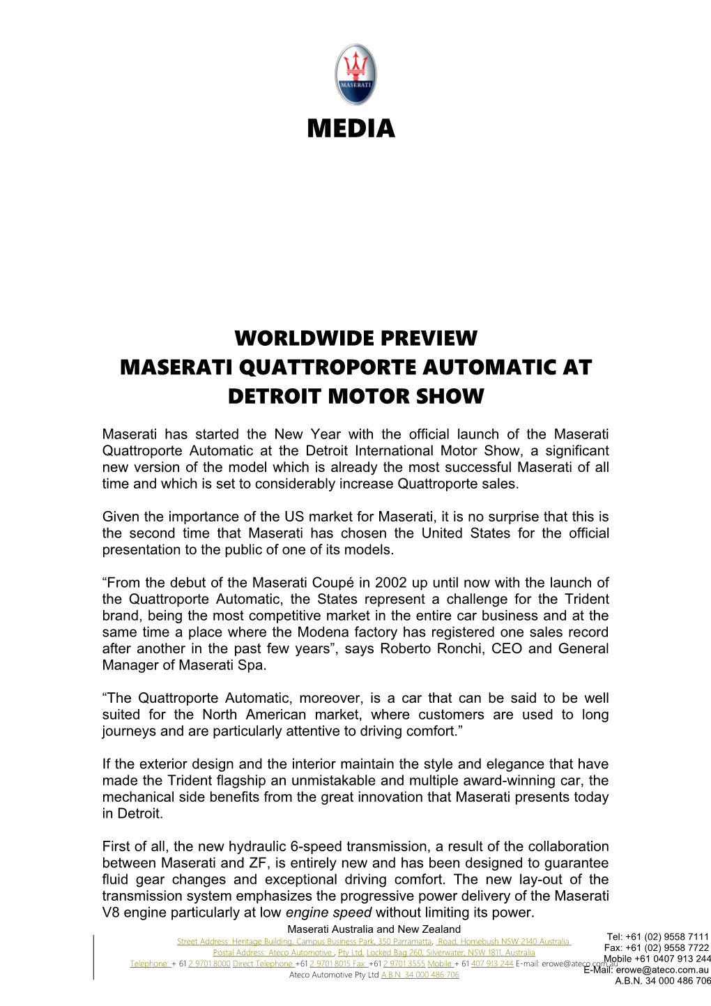 Maserati Quattroporte Automatic at Detroit Motor Show