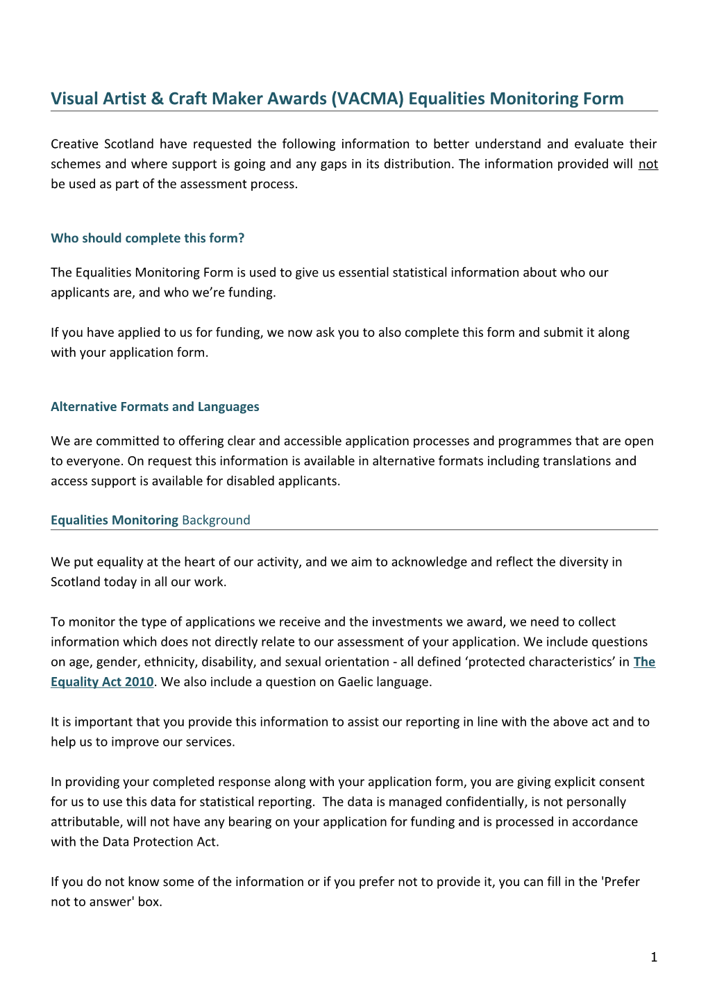 Visual Artist & Craft Maker Awards (VACMA)Equalities Monitoring Form