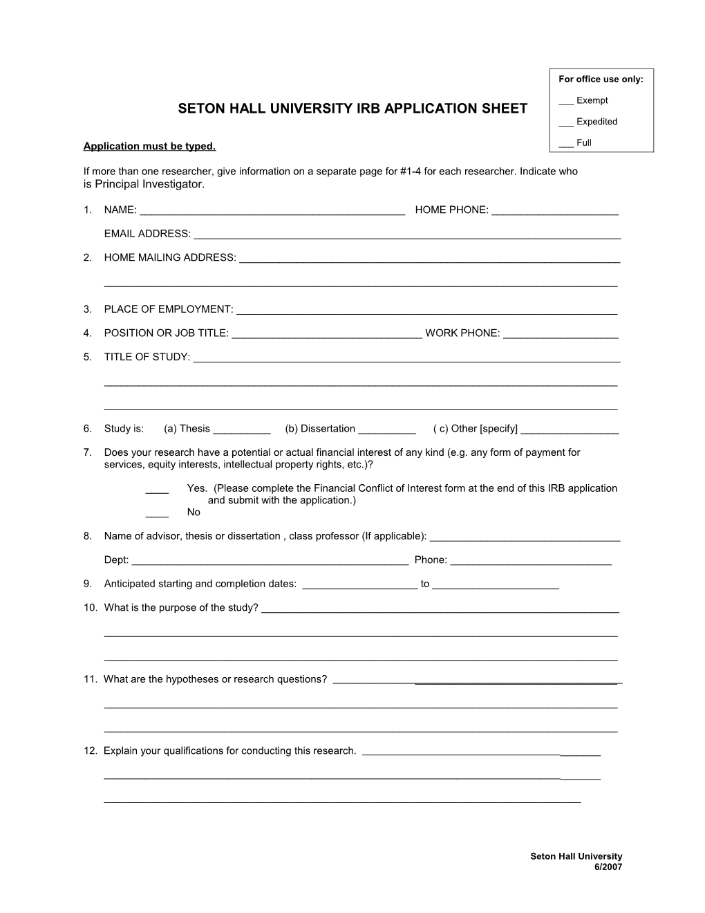 Seton Hall University Irb Review Sheet