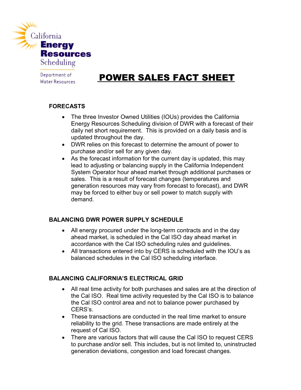 Power Sales Fact Sheet