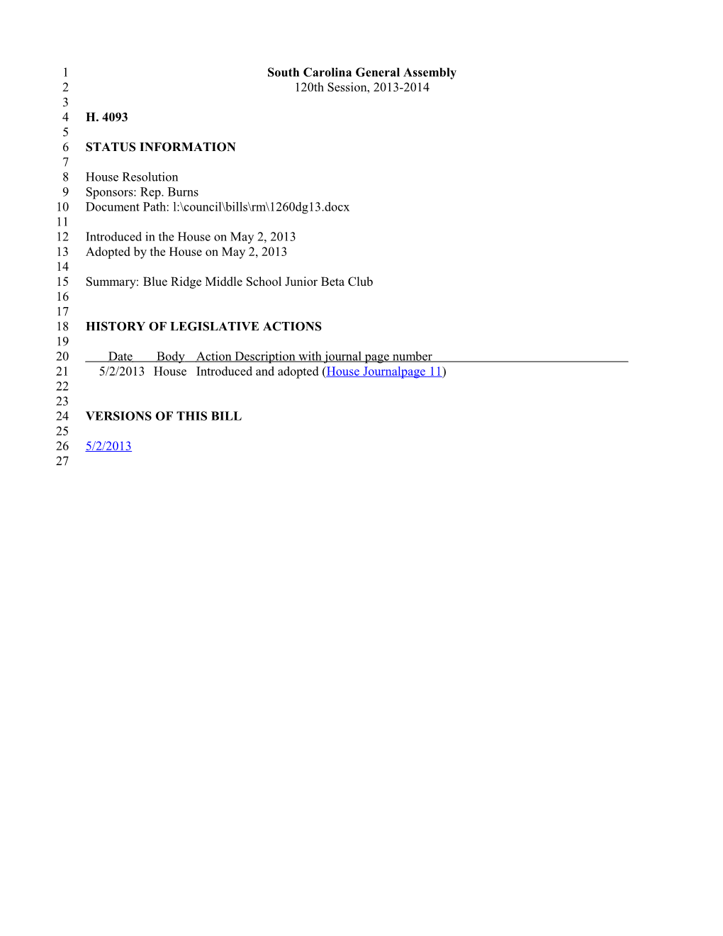 2013-2014 Bill 4093: Blue Ridge Middle School Junior Beta Club - South Carolina Legislature