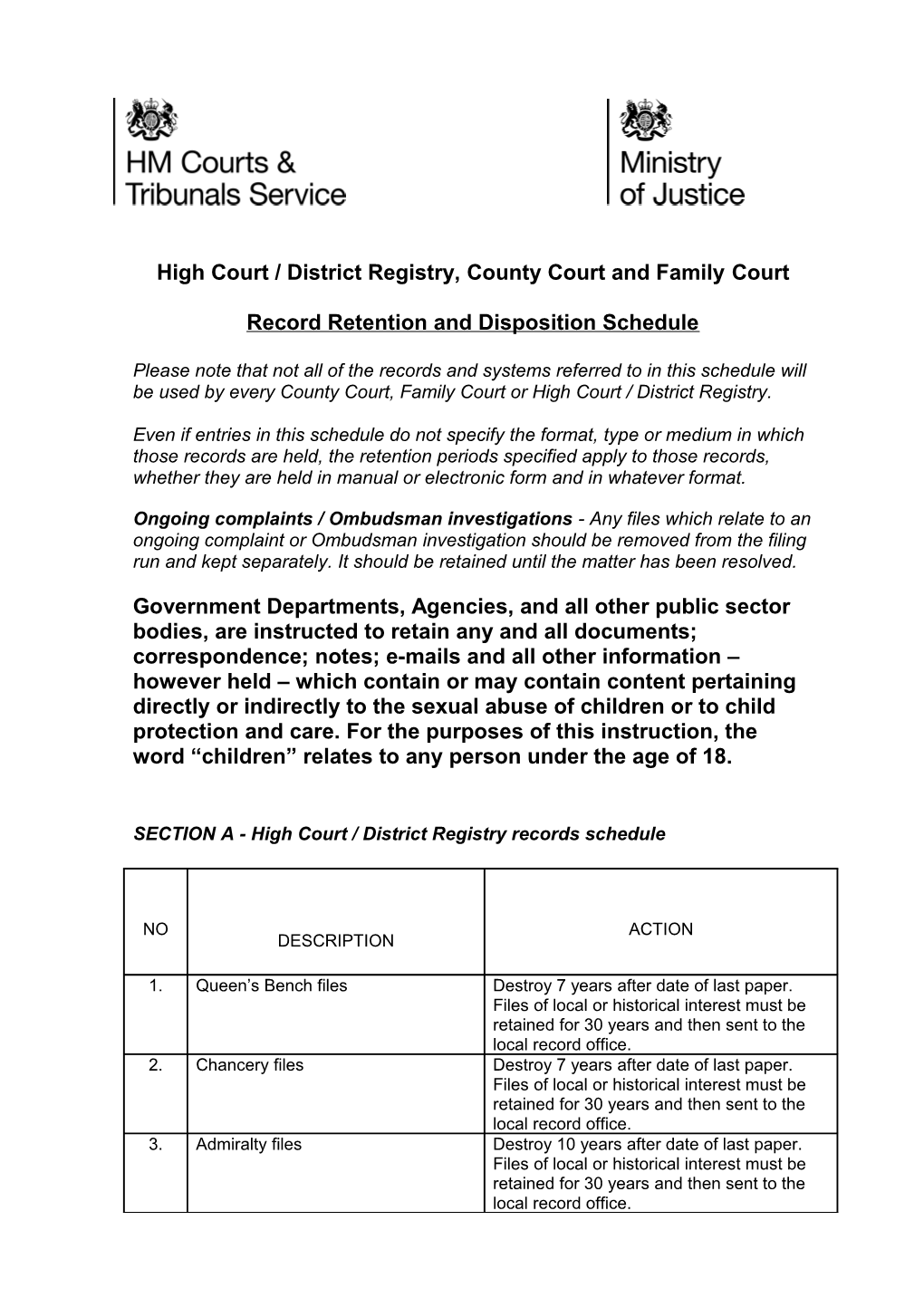 High Court / District Registry, County Court and Family Court