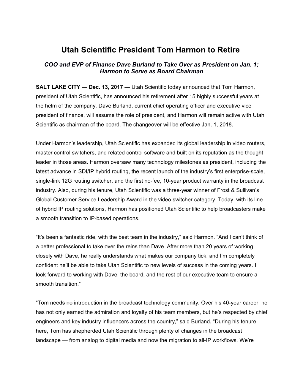Utah Scientific President Tom Harmonto Retire