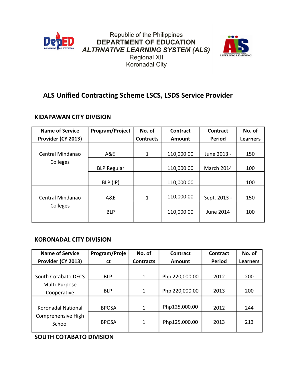 ALS Unified Contracting Scheme LSCS, LSDS Service Provider