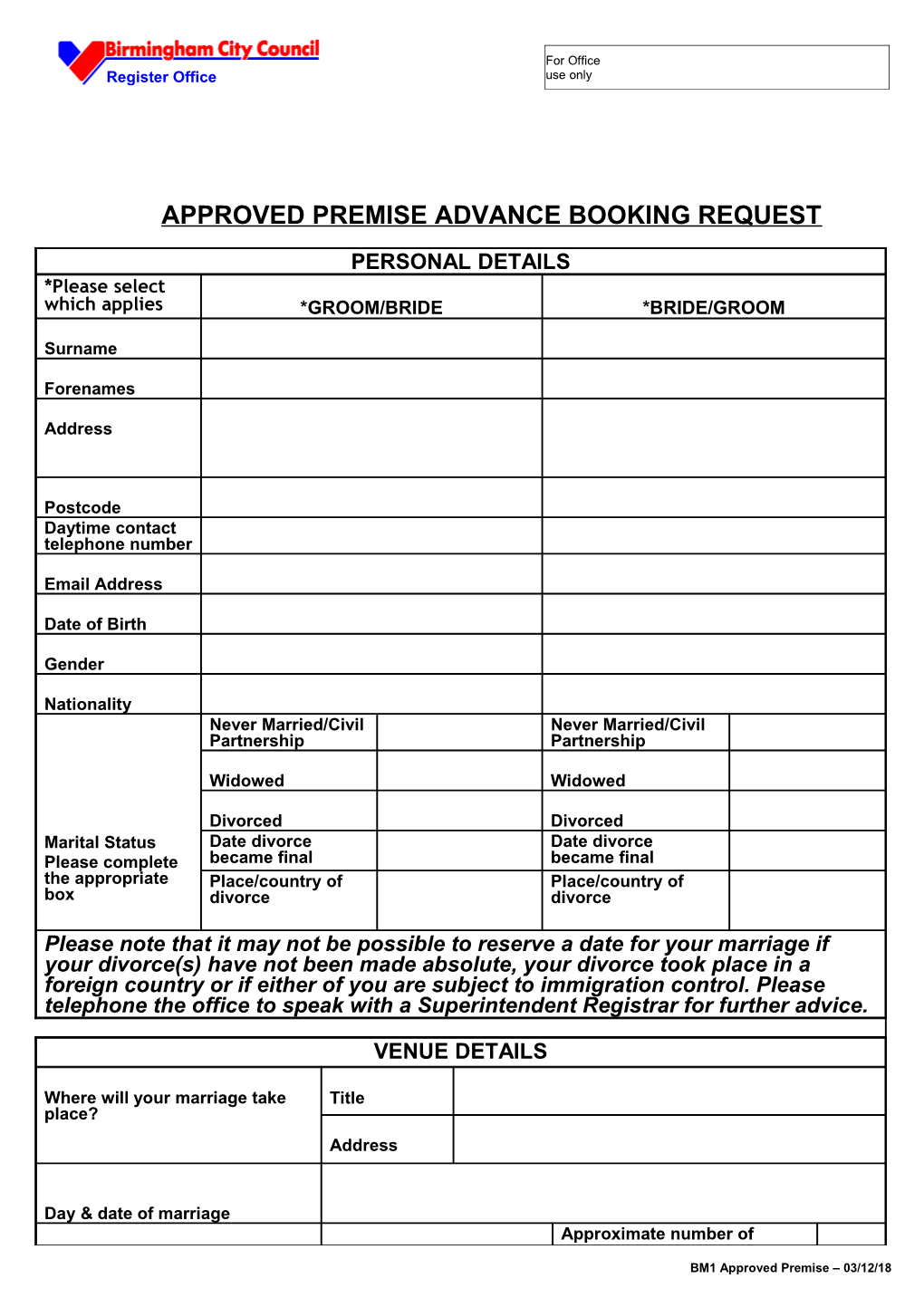 Approved Premiseadvance Booking Request