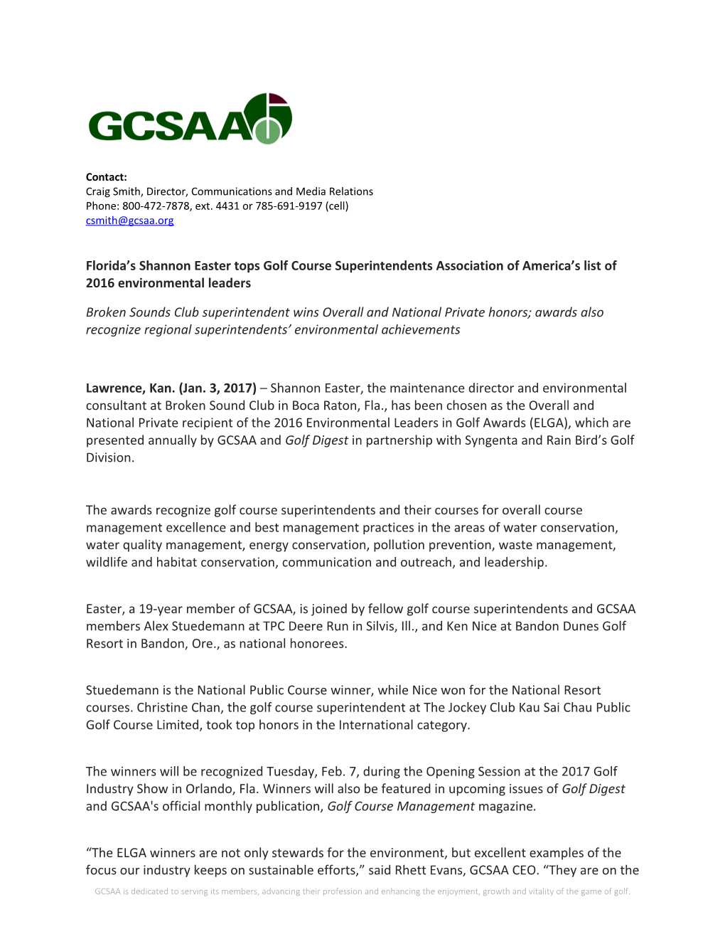 Florida S Shannon Easter Tops Golf Course Superintendents Association of America S List