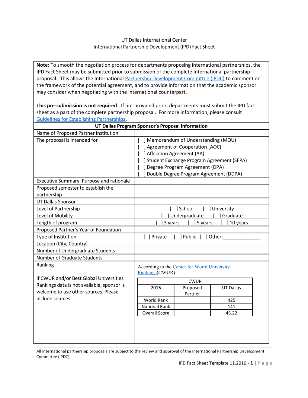 International Partnership Development (IPD) Fact Sheet