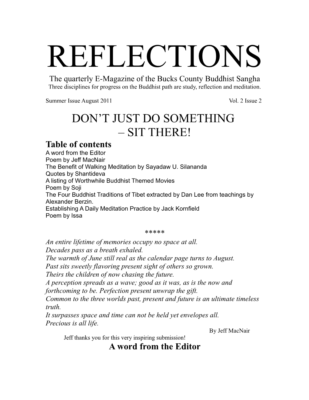 REFLECTIONS the Quarterly E-Magazine of the Bucks County Buddhist Sangha