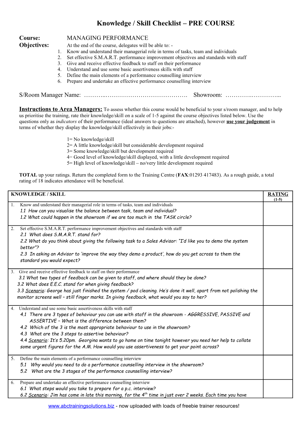 Knowledge / Skill Checklist PRE COURSE