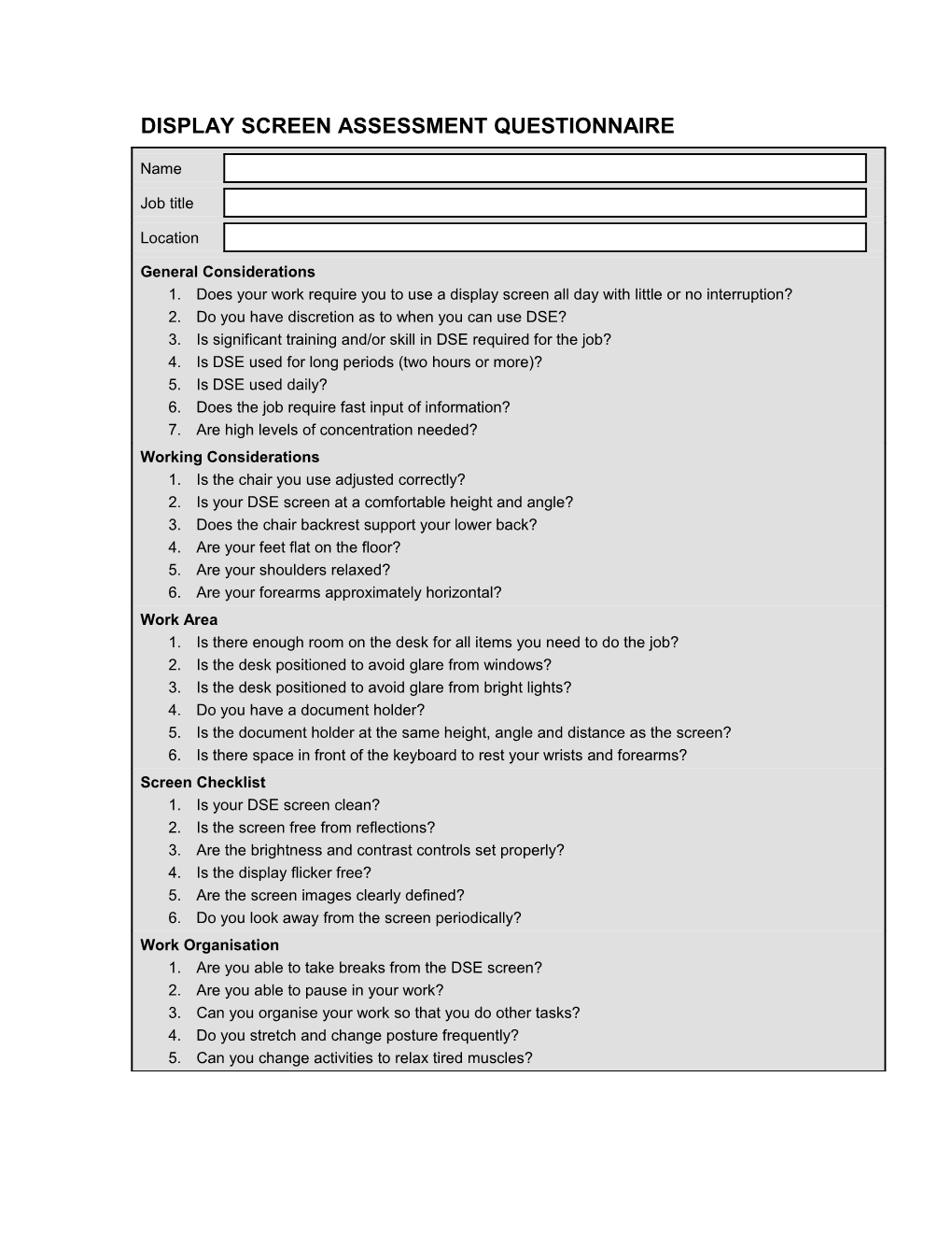 Display Screen Assessment Questionnaire