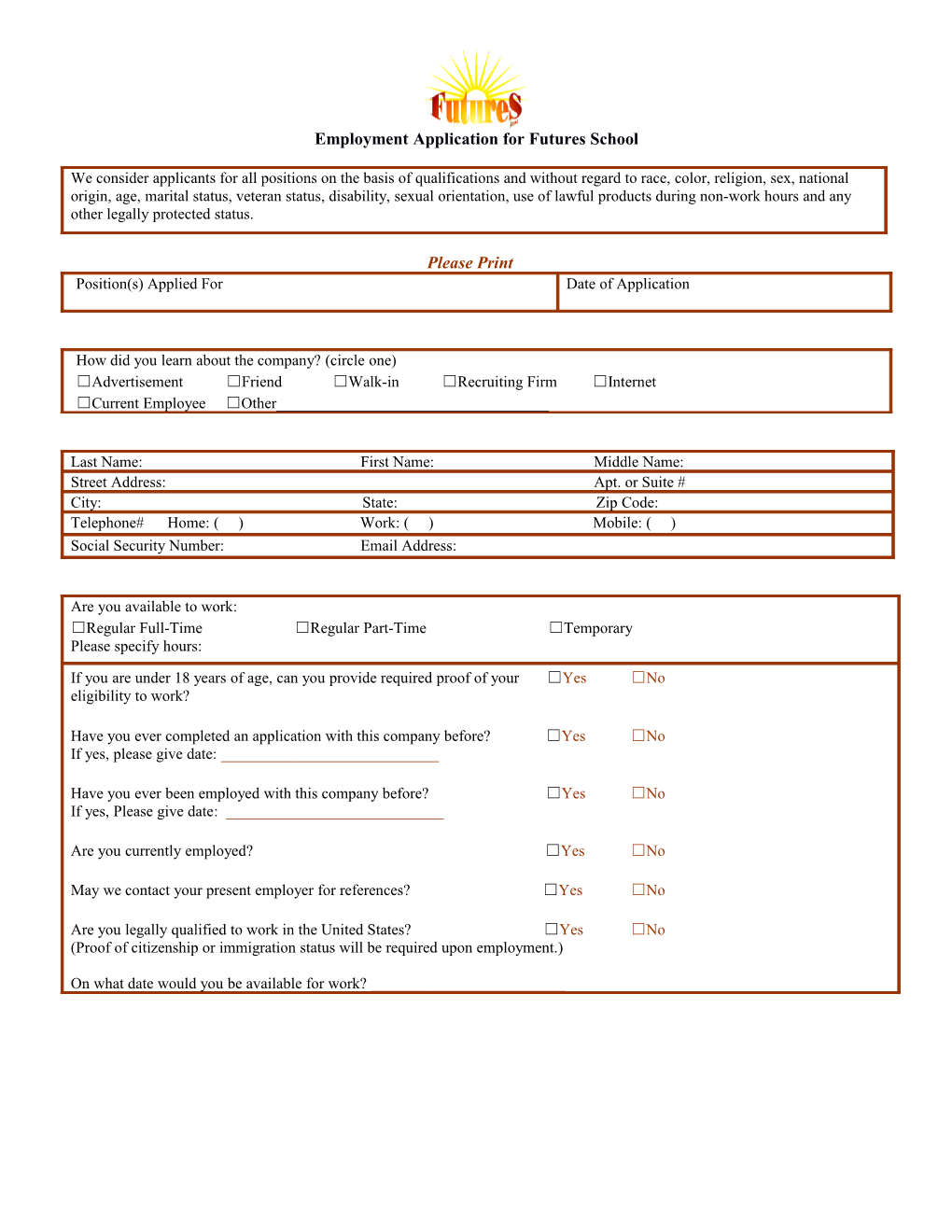 Employment Application for Futures School