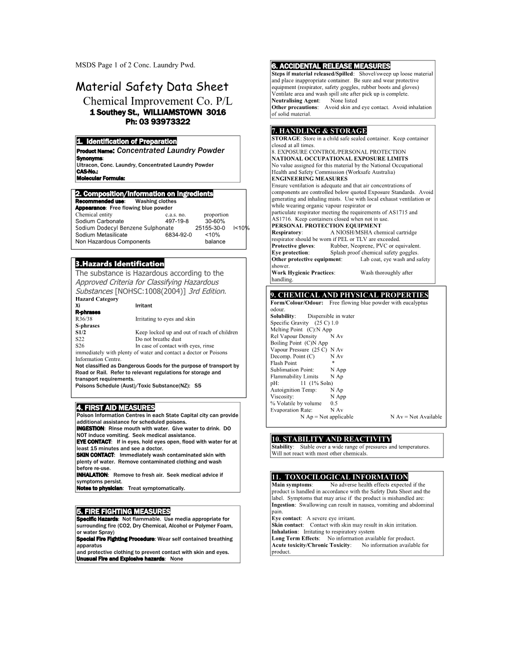 MSDS Page 1 of 2 Conc