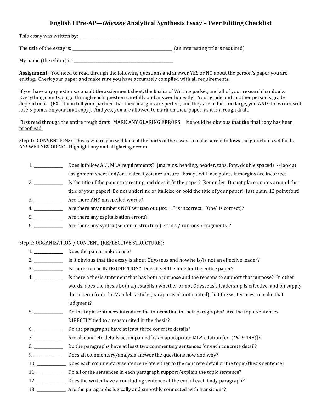 Narrative/Descriptive Essay Peer Editing Checklist