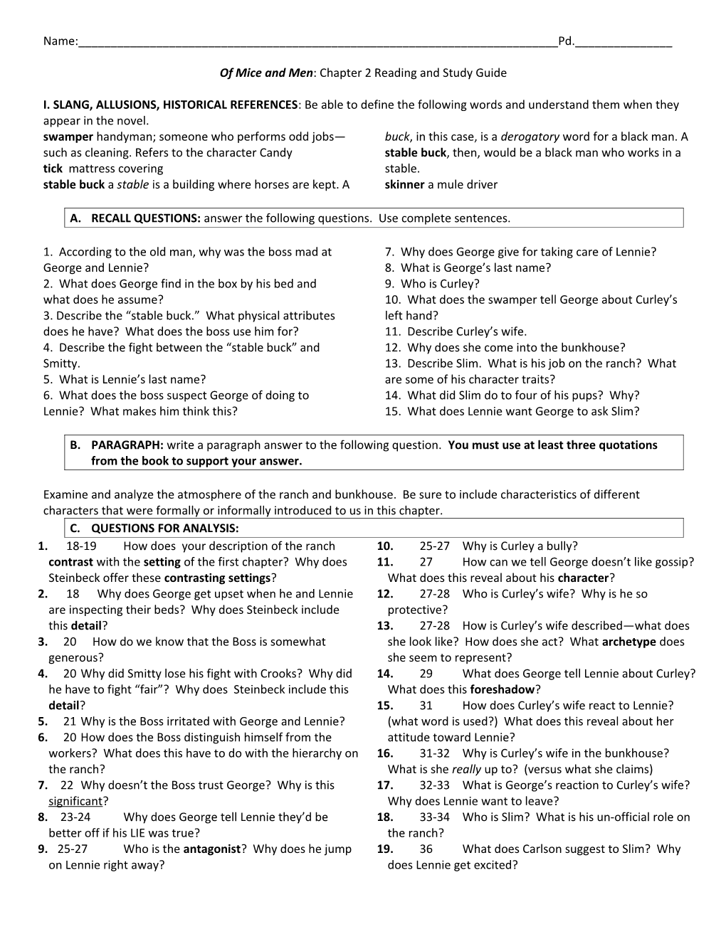 Of Mice and Men: Chapter 2 Reading and Study Guide