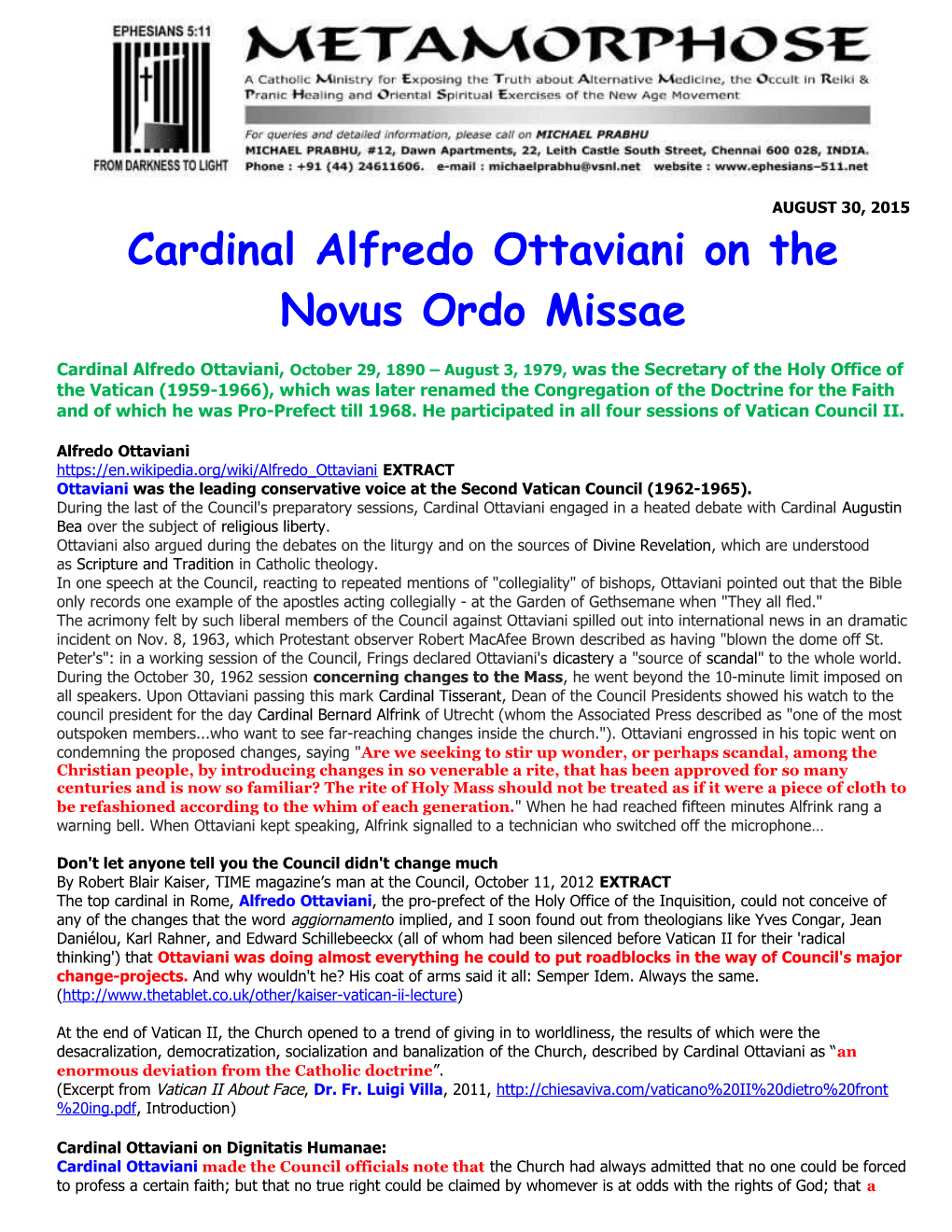 Cardinal Alfredo Ottaviani on the Novus Ordo Missae