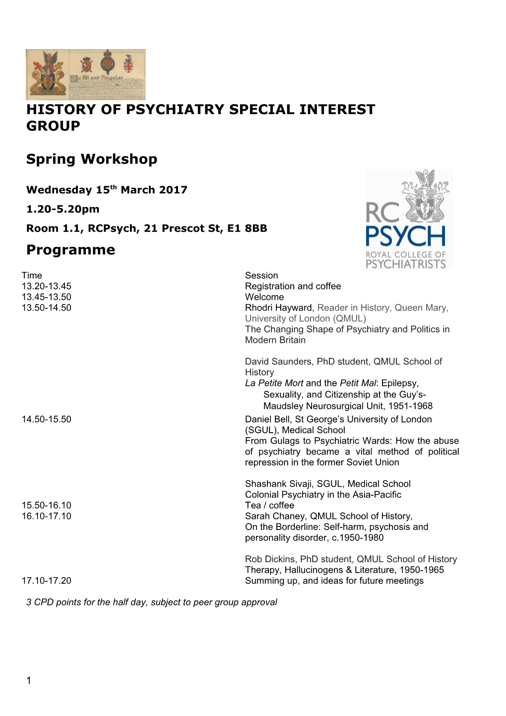 History of Psychiatry Special Interest Group