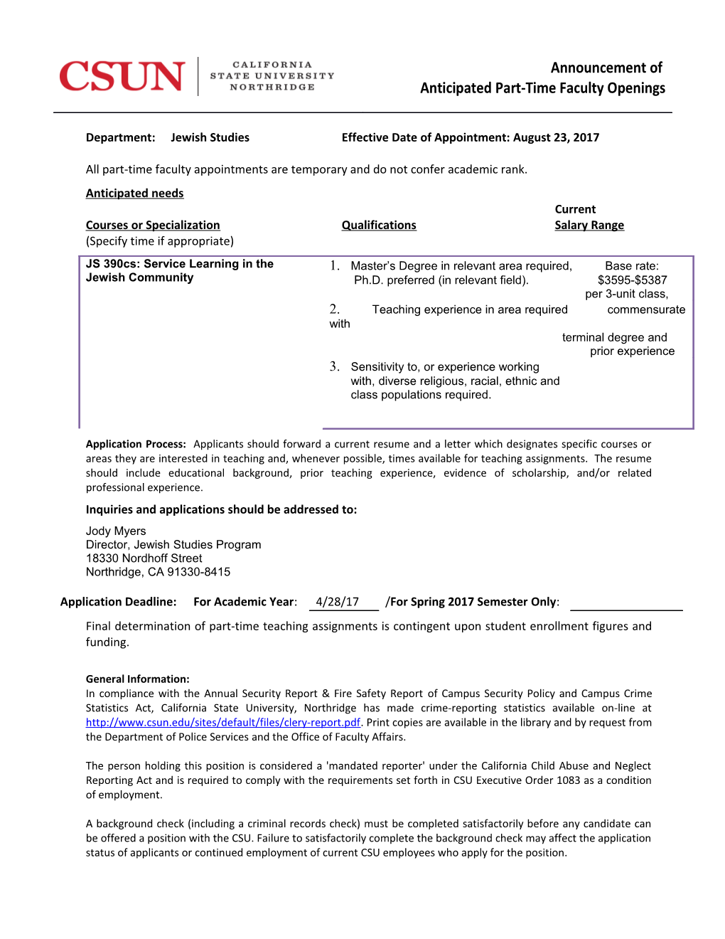 Department:Jewish Studieseffective Date of Appointment:August 23, 2017