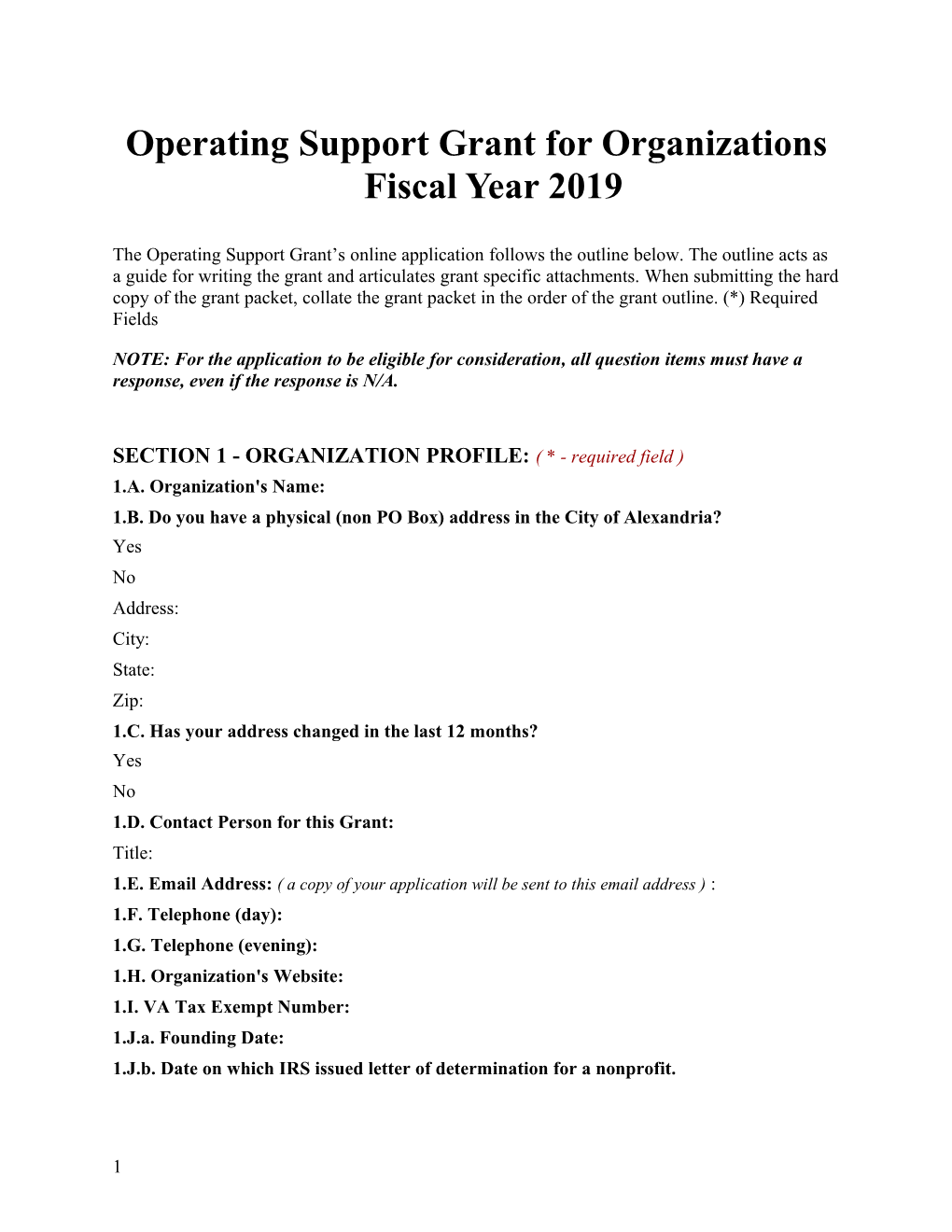 Operating Support Grant for Organizationsfiscal Year 2019