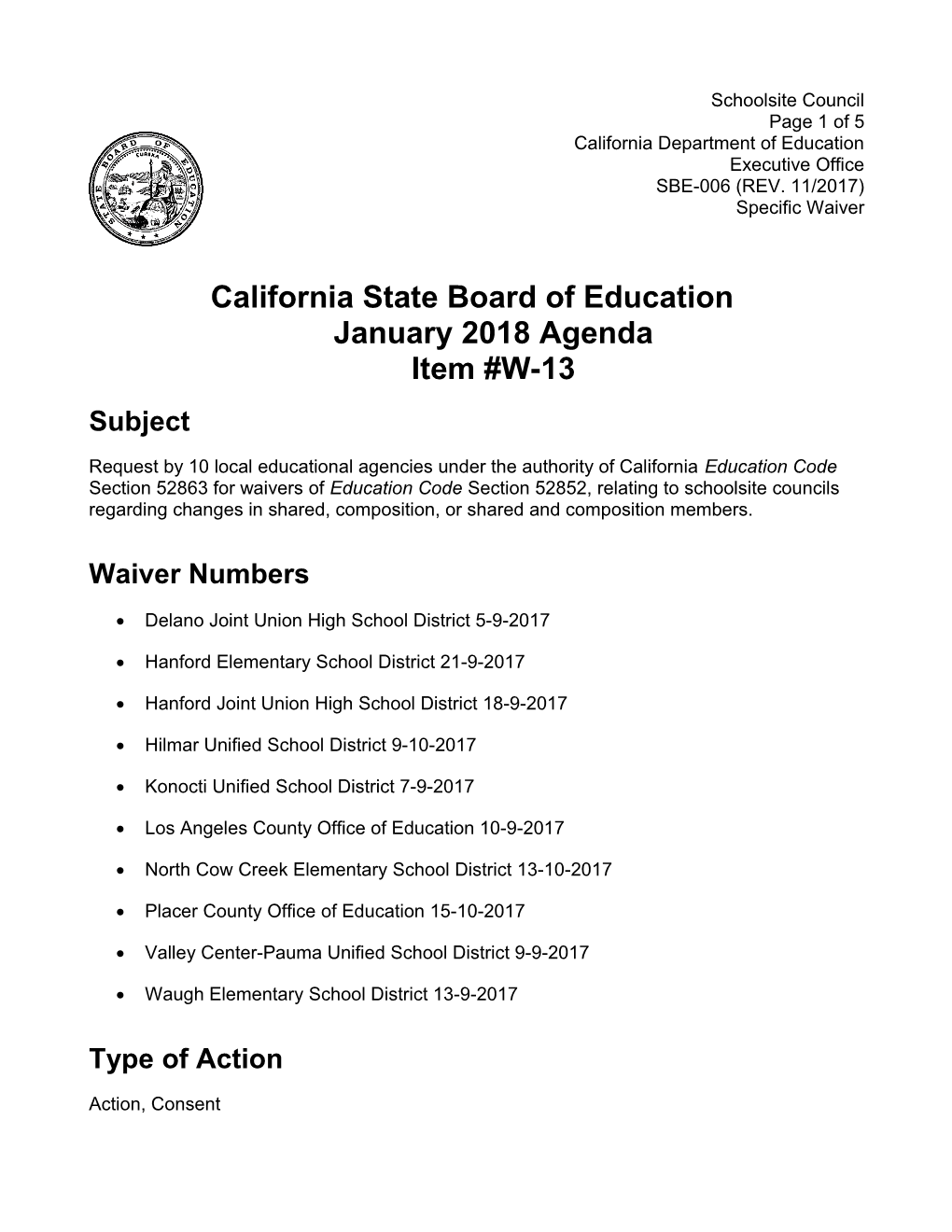 January 2018 Waiver Item W-13 - Meeting Agendas (CA State Board of Education)