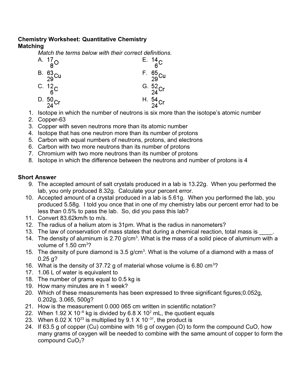 Chemistry Worksheet: Quantitative Chemistry