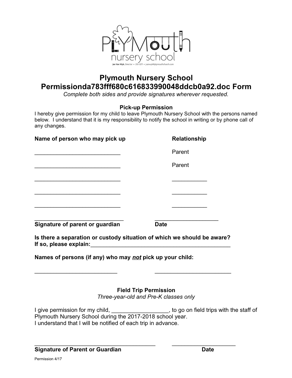 Plymouth Nursery School Pick-Up Permission Form