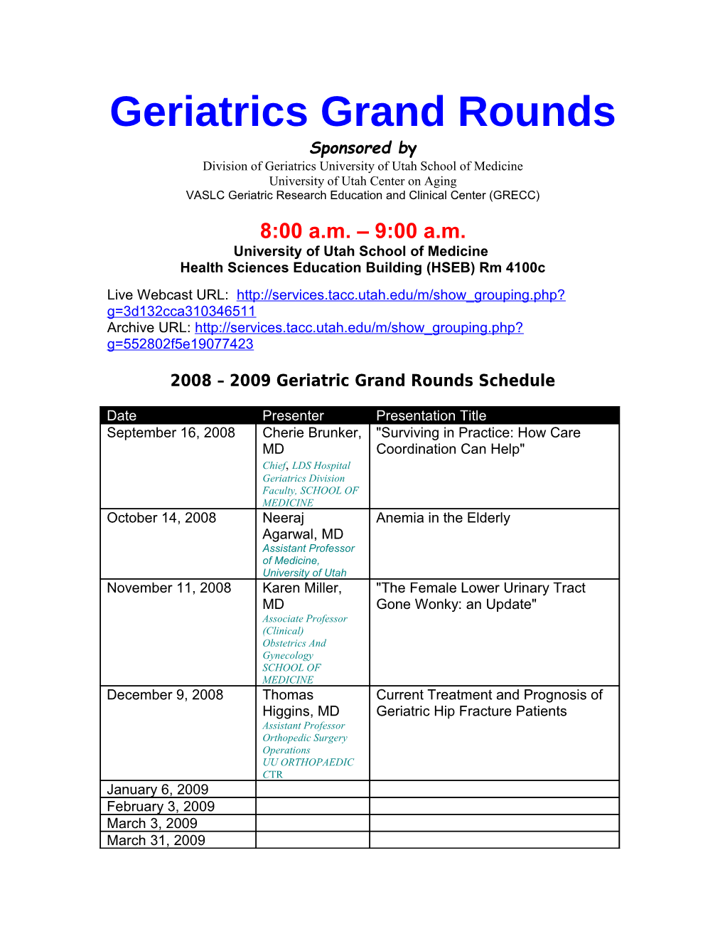 2008-2009 Geriatrics Grand Rounds Schedule