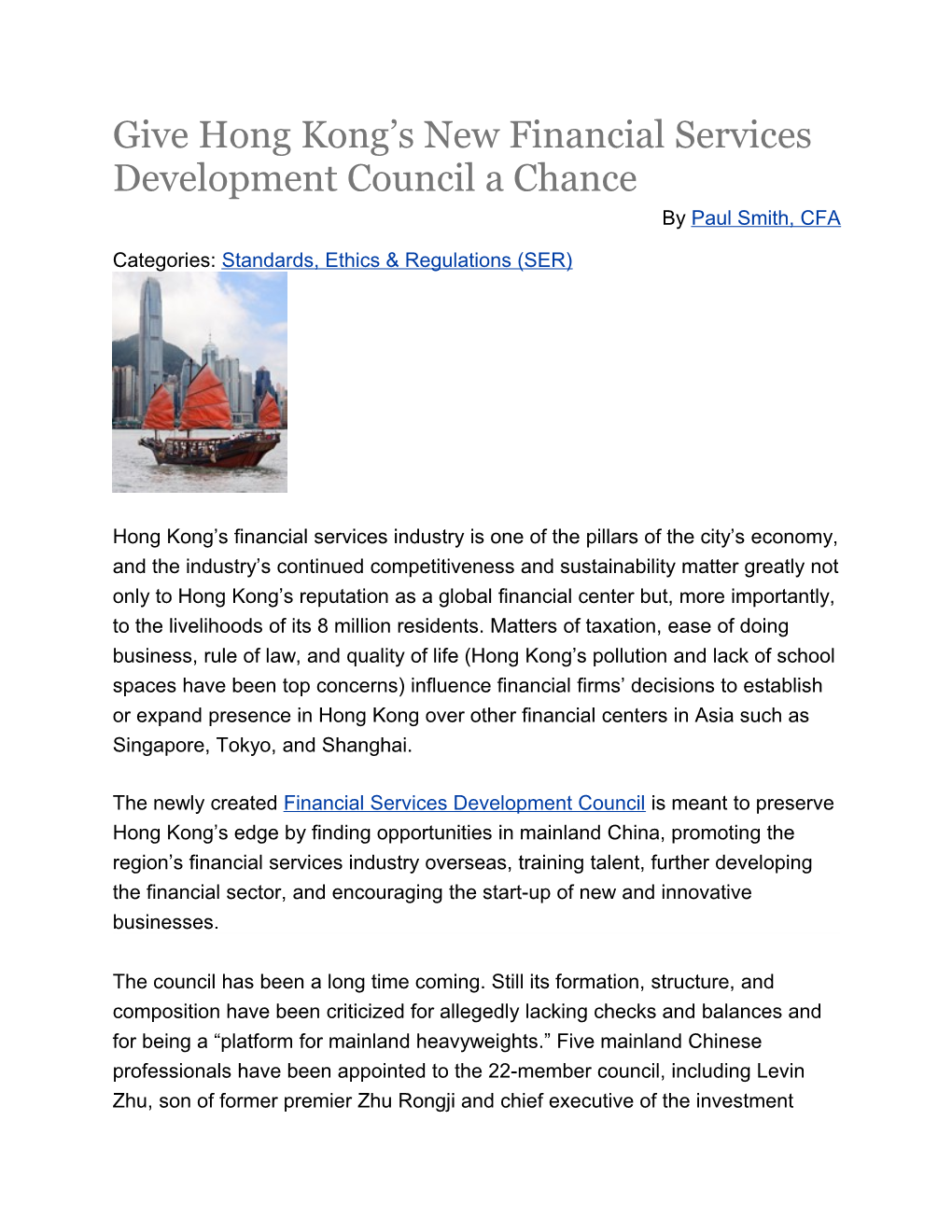Give Hong Kong S New Financial Services Development Council a Chance