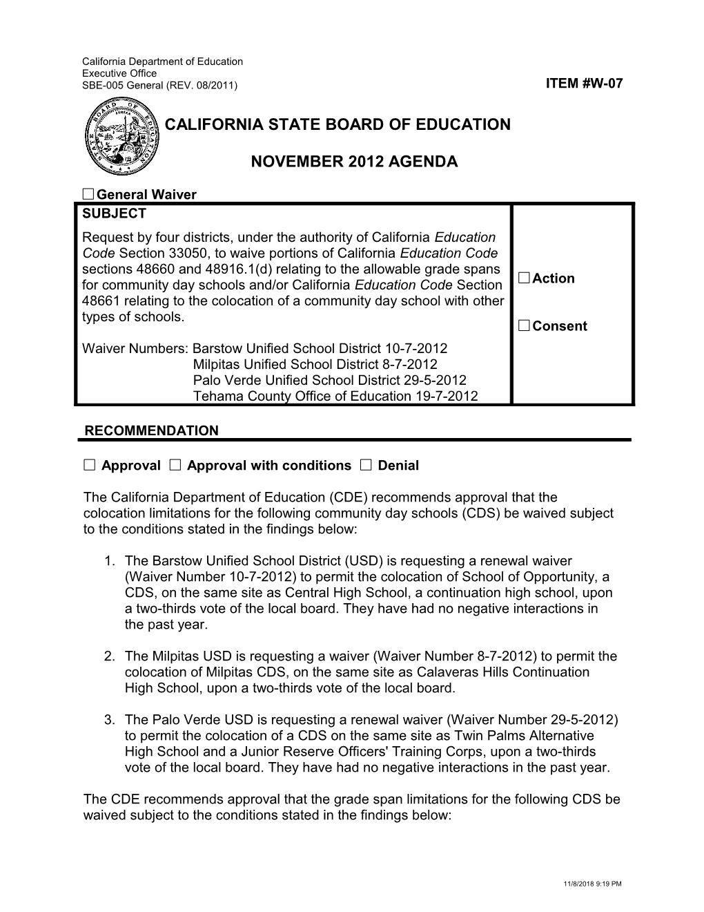 November 2012 Waiver Item W-07 - Meeting Agendas (CA State Board of Education)