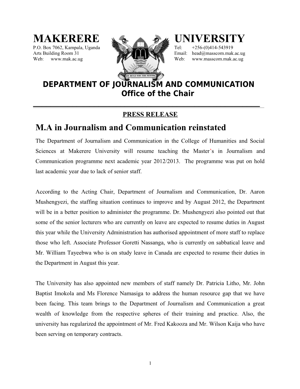 M.A in Journalism and Communication Reinstated