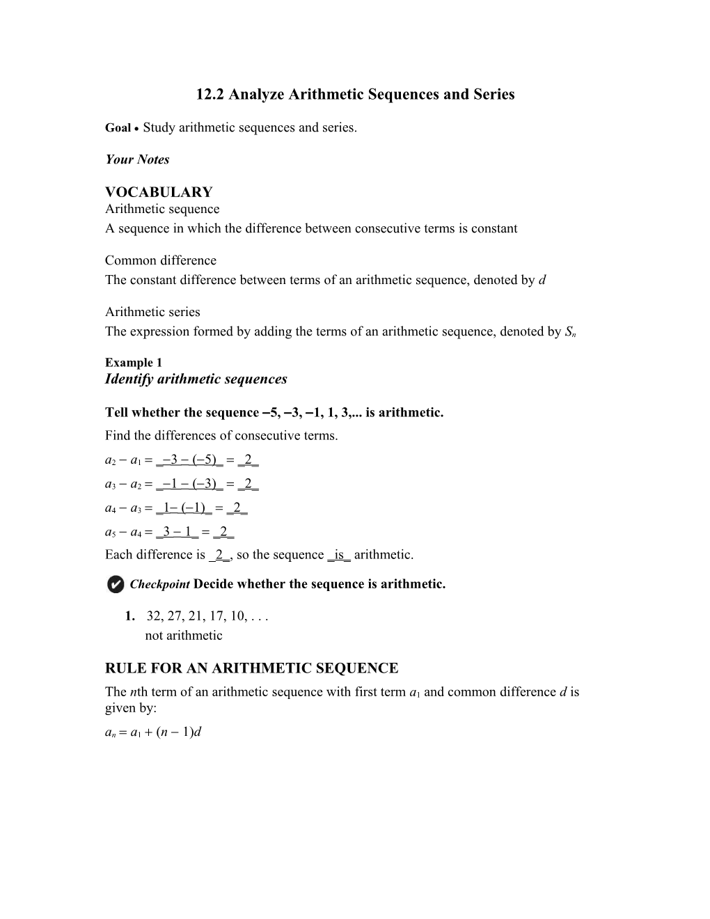 12.2 Analyze Arithmetic Sequences and Series