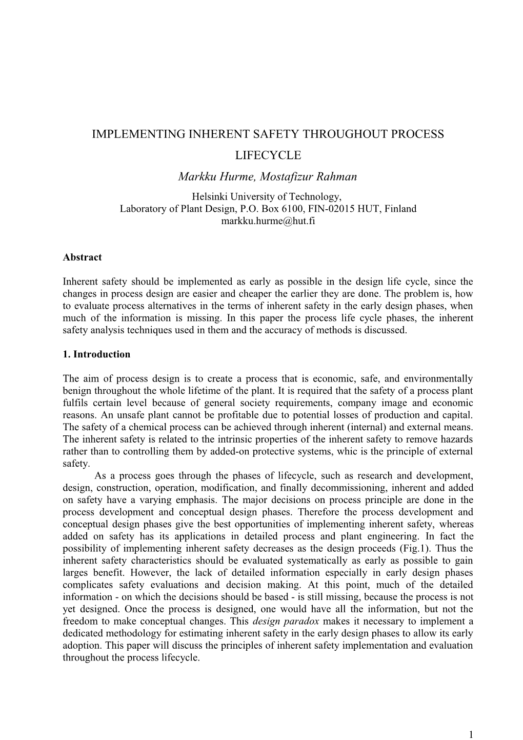 Application of Inherent Safety Index to Mma Process Evaluation