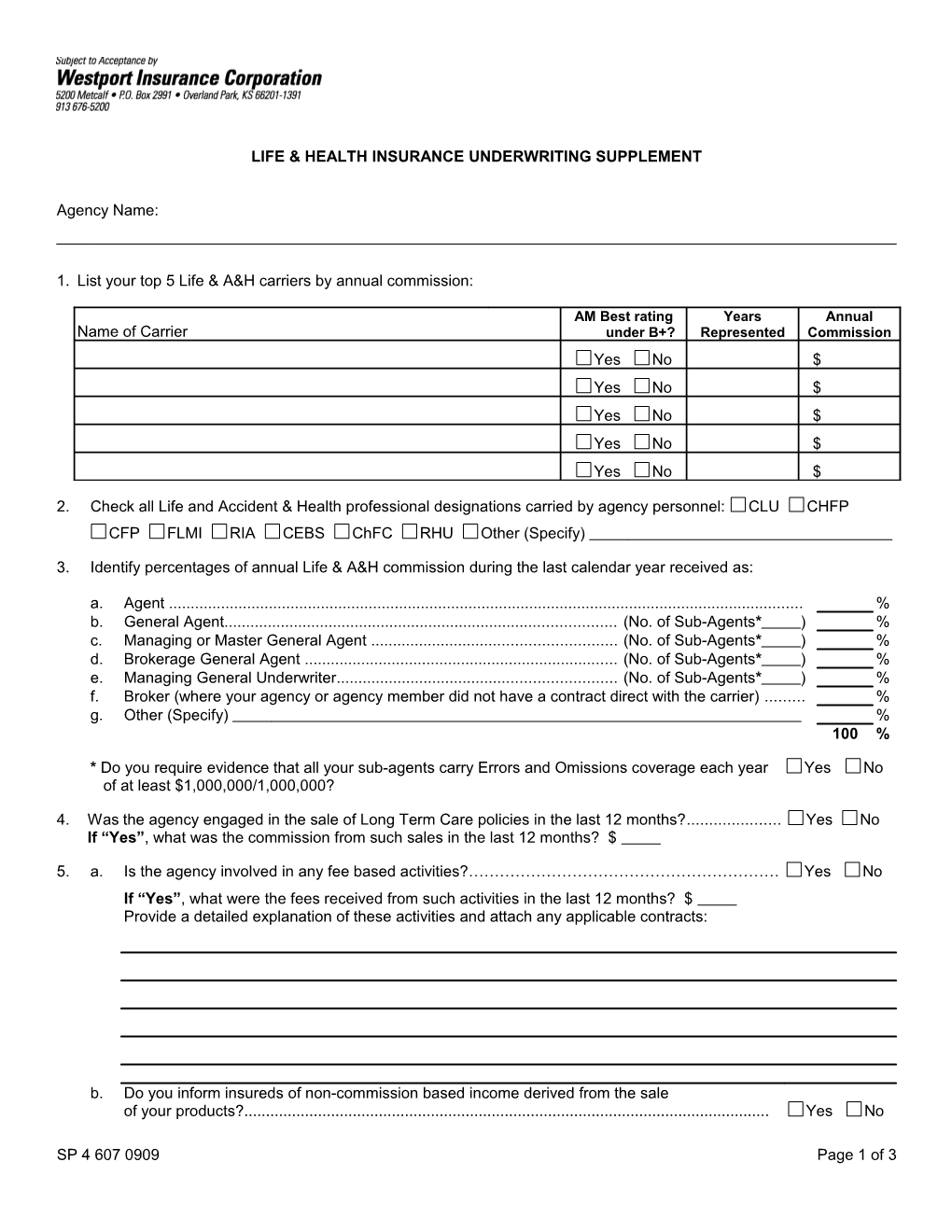 Life Insurance Agency Underwriting Questionnaire