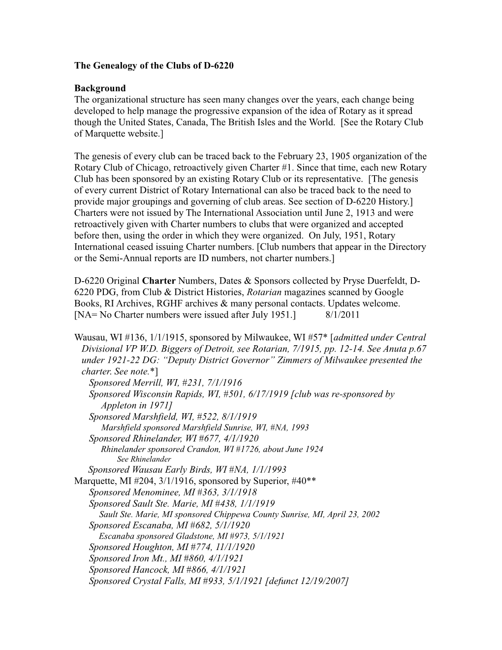 The Genealogy of the Clubs of D-6220