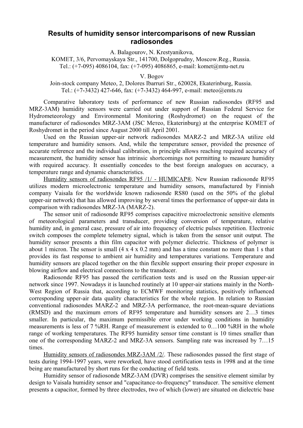 Results of Humidity Sensor Intercomparisons of New Russian Radiosondes