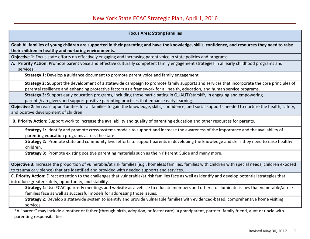 New York State ECAC Strategic Plan, April 1, 2016