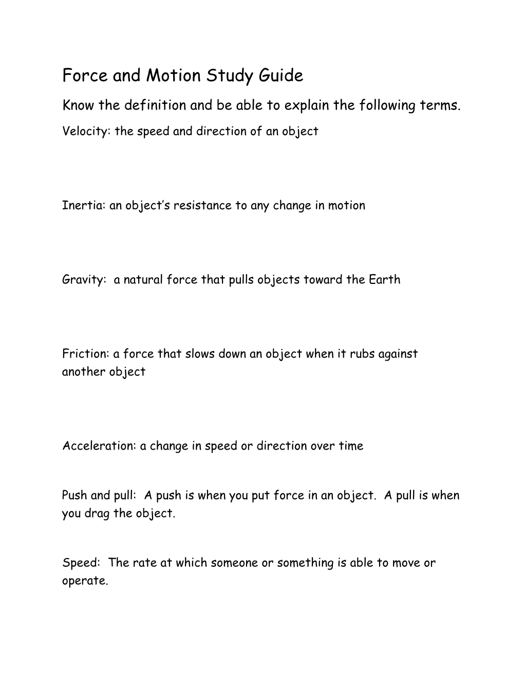 Force and Motion Study Guide
