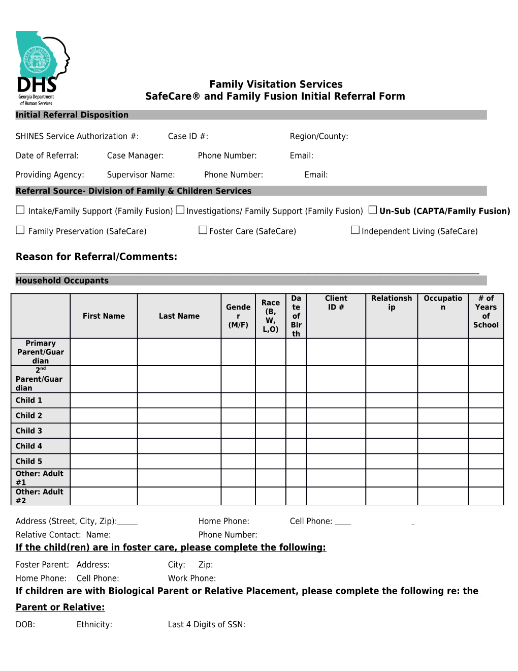 Safecare and Family Fusion Initial Referral Form