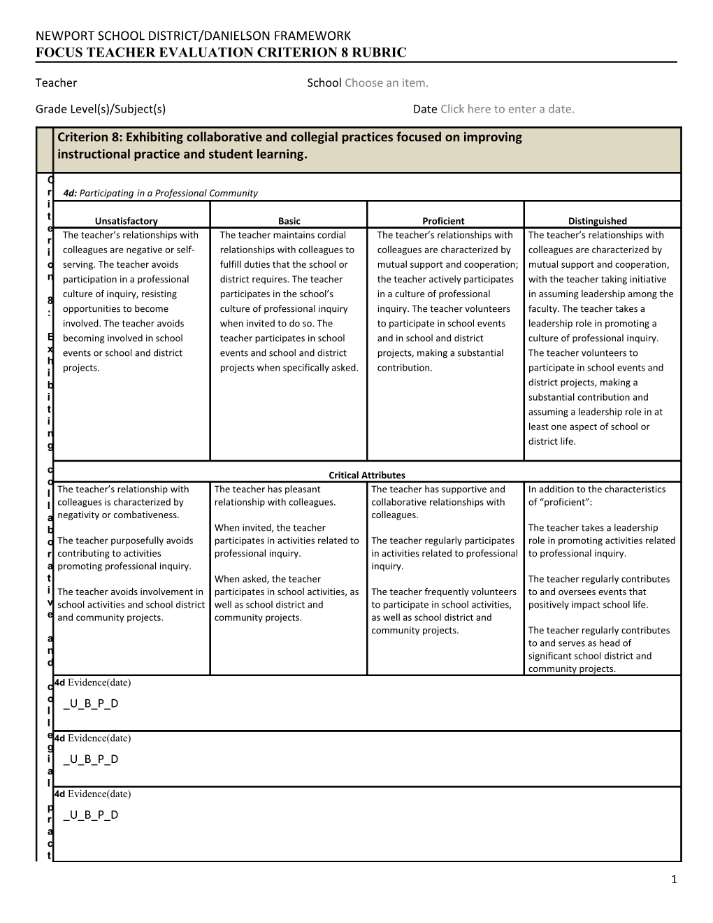 Focus Teacher Evaluation Criterion 8Rubric