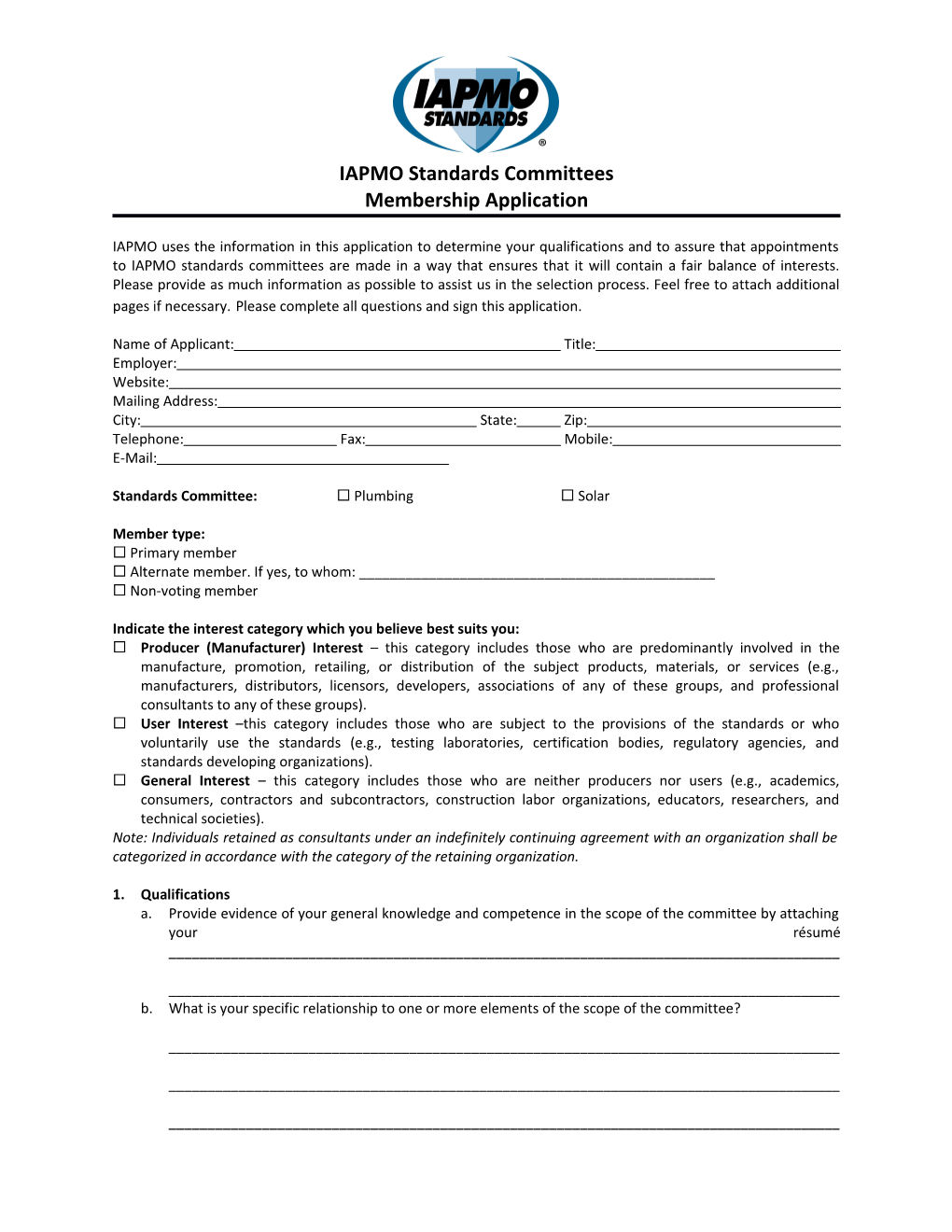 IAPMO Technical Committee Membership Application