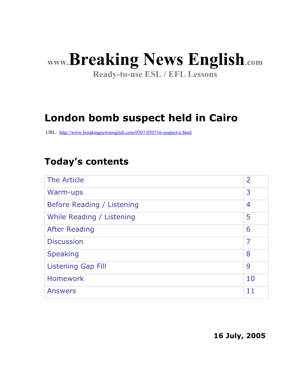 London Bomb Suspect Held in Cairo