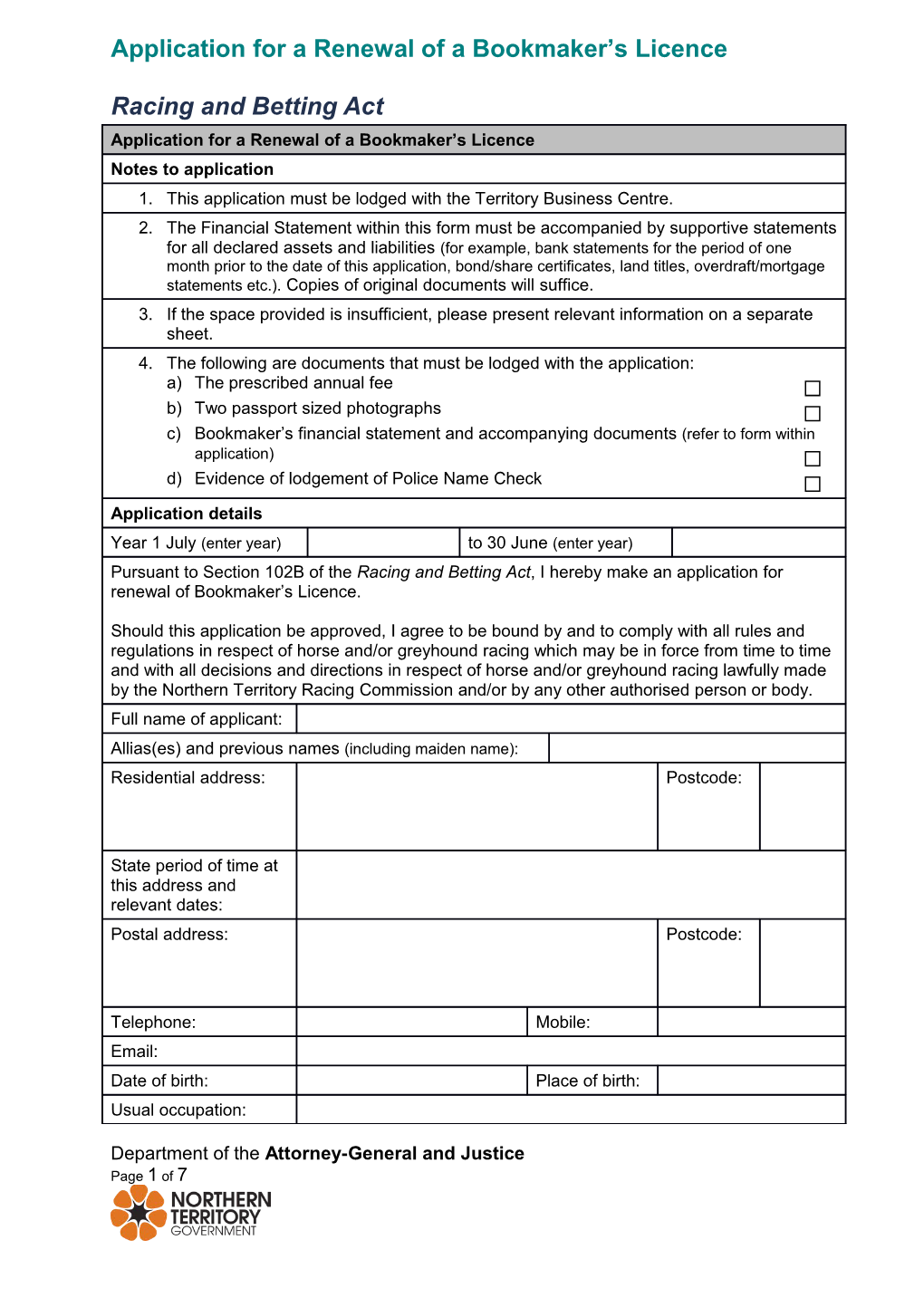 Application for a Renewal of a Bookmaker S Permit
